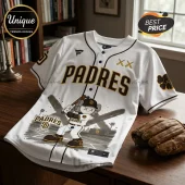 San Diego Padres baseball jersey featuring KAWS-style character art with an X-eye logo on a white and brown fabric background.!