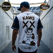 White and navy San Diego Padres baseball jersey with KAWS character graphic, double X logo, and brown lettering on back.!