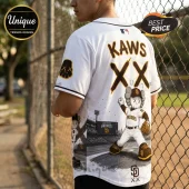 San Diego Padres baseball jersey featuring Kaws XX character graphics, brown text, and logo on a white polyester fabric.!