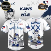 Toronto Blue Jays KAWS collaboration baseball jersey, white with blue lettering, character graphics, and XX markings.!