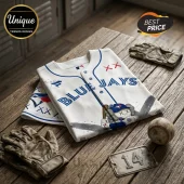 Toronto Blue Jays baseball jersey with KAWS companion character graphic on a rustic wooden table with leather gloves.!