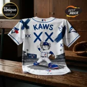 White Toronto Blue Jays baseball jersey featuring KAWS character artwork, XX branding, and blue ink-style brush strokes.!