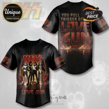 KISS Love Gun 1977-2027 Anniversary Black Baseball Jersey