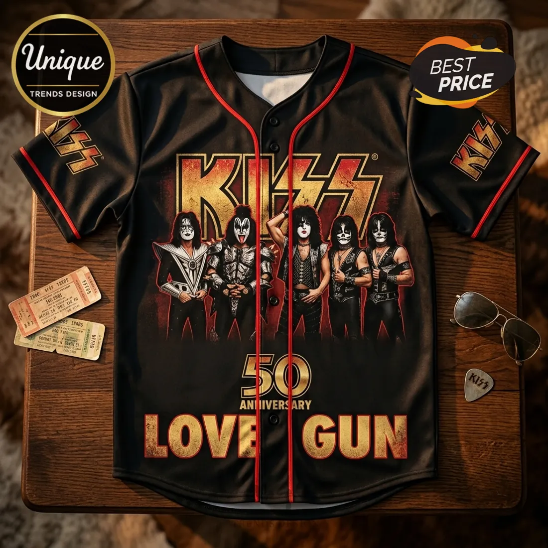 KISS Love Gun 1977-2027 Anniversary Black Baseball Jersey KISS Love Gun 1977-2027 Anniversary Black Baseball Jersey