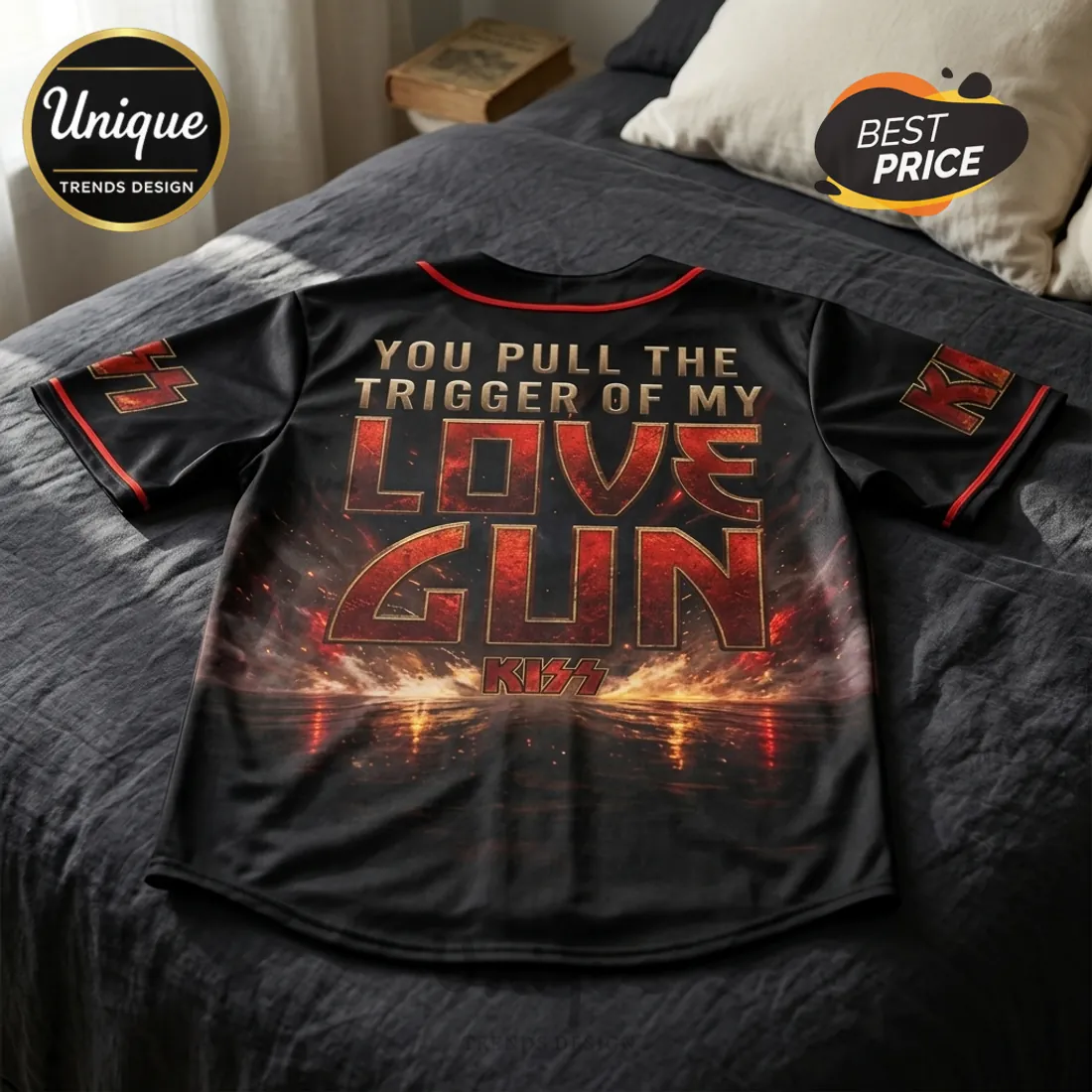 KISS Love Gun 1977-2027 Anniversary Black Baseball Jersey KISS Love Gun 1977-2027 Anniversary Black Baseball Jersey