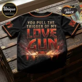Black baseball jersey featuring KISS Love Gun lyric graphics, red and gold fire imagery, and band logo on a wood chest.!