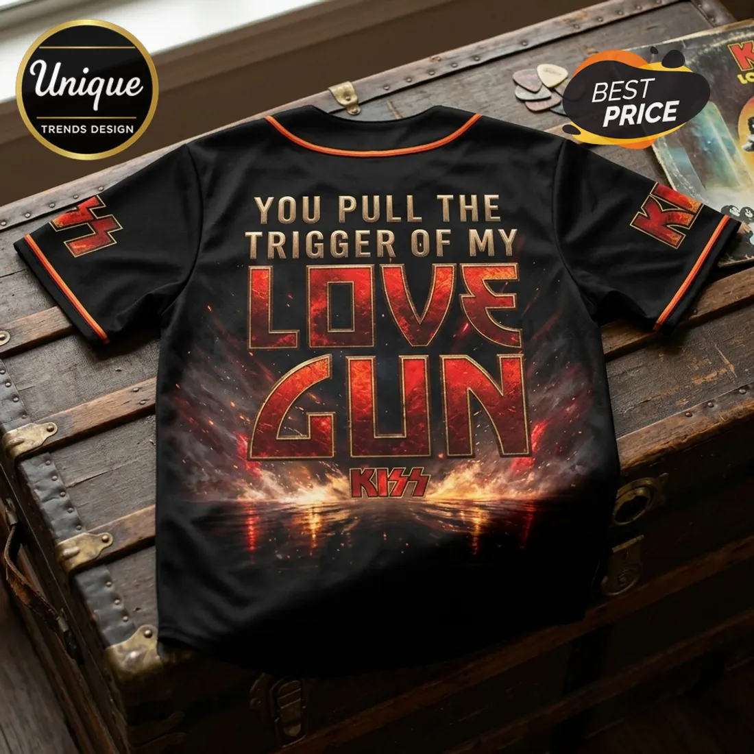 KISS Love Gun 1977-2027 Anniversary Black Baseball Jersey KISS Love Gun 1977-2027 Anniversary Black Baseball Jersey