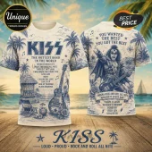 KISS The Hottest Band Retro T-Shirt featuring blue vintage band graphics, Gene Simmons, tropical palm trees, and lyrics.