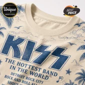 KISS The Hottest Band Retro T-Shirt in cream with blue vintage graphics of palm trees, birds, and classic band text.