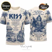 KISS The Hottest Band Retro T-Shirt with blue ink graphics of Gene Simmons, a guitar, and song titles on a cream fabric.