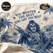 KISS The Hottest Band Retro T-Shirt in cream featuring blue graphic of Gene Simmons, palm trees, and song lyrics.