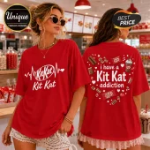 Red cotton t-shirt featuring front KitKat logo with heartbeat line and back graphic saying I have a KitKat addiction.!