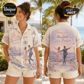 Cream-colored button-up shirt featuring La La Land movie art with a dancing couple, city skyline, and floral patterns.!