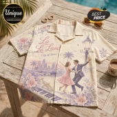 Cream-colored button-up shirt featuring La La Land graphics, floral accents, a cityscape, and a dancing couple illustration.!