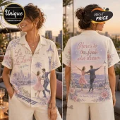 La La Land button-down shirt featuring a dancing couple, city skyline, piano keys, and floral accents on cream fabric.!