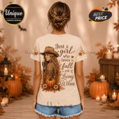Lainey Wilson Cowgirl Autumn Leaves T-Shirt featuring a graphic of a woman in a hat, a microphone, and pumpkins.