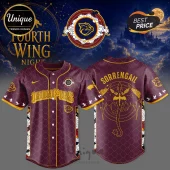 Maroon baseball jersey featuring Iron Pigs and Sorrengail Fourth Wing dragon text with gold scale pattern and emblems.!