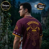 Man wearing a burgundy Fourth Wing baseball jersey with gold dragon crest, Sorrengail text, and scale pattern design.!
