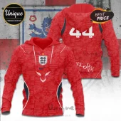 Red England national football team hoodie with number 44, featuring white crest, Nike logo, and repeating ENG patterns.!