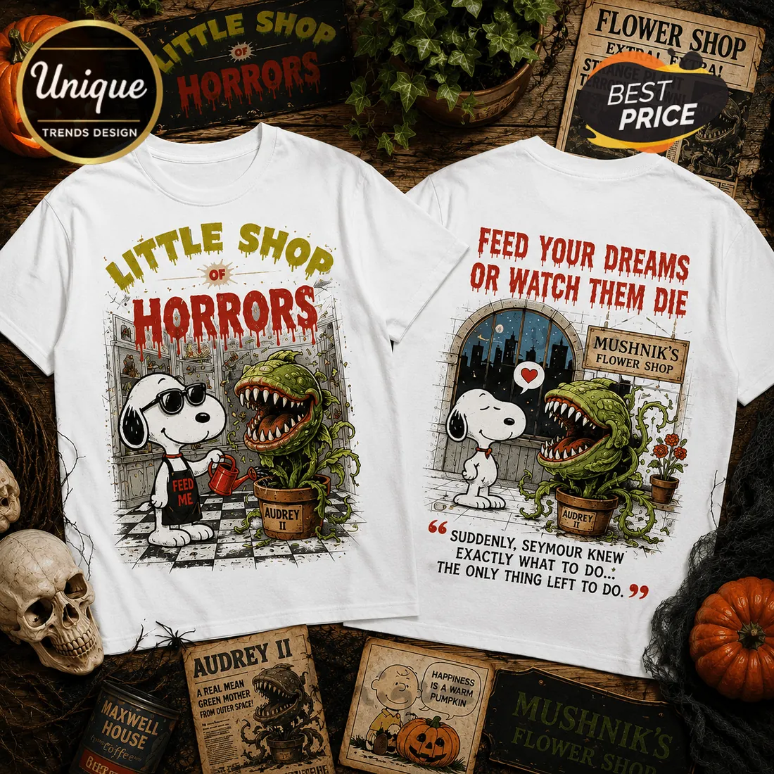 Little Shop of Horrors Snoopy Halloween White T-Shirt Little Shop of Horrors Snoopy Halloween White T-Shirt