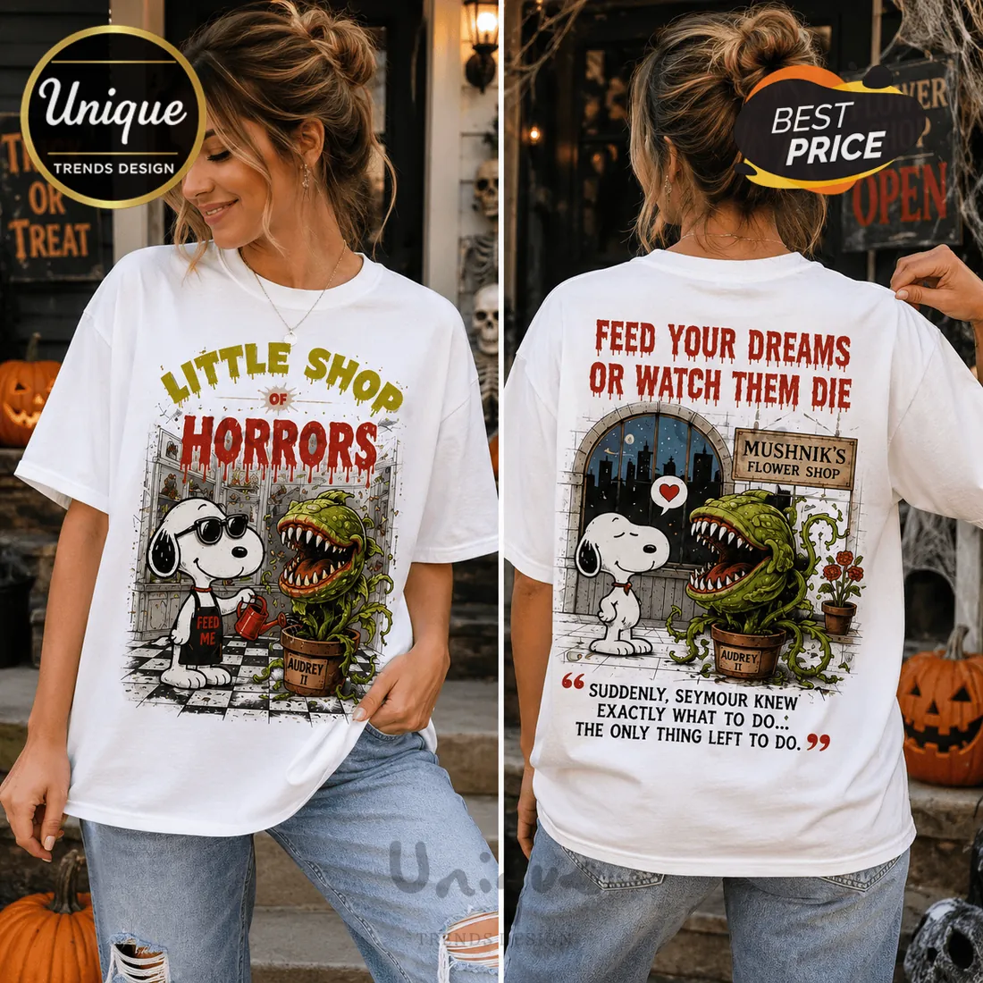 Little Shop of Horrors Snoopy Halloween White T-Shirt Little Shop of Horrors Snoopy Halloween White T-Shirt