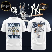 White cotton t-shirt featuring Bugs Bunny in a New York Yankees uniform with Looney Tunes character baseball graphics.!