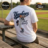 White t-shirt showing back print of Bugs Bunny in a New York Yankees pinstripe uniform holding a baseball on a field.!
