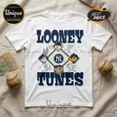 White t-shirt featuring Looney Tunes characters wearing New York Yankees hats arranged in a baseball diamond graphic.!