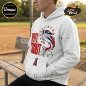 White hooded sweatshirt featuring Vote Trout text, an American flag-patterned fish, and Los Angeles Angels team logo.!