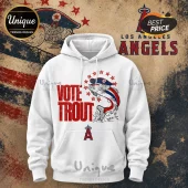 White hooded sweatshirt featuring Vote Trout text and a graphic of a trout wearing an Angels baseball cap with red stars.!