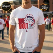 White crew neck t-shirt featuring red text VOTE TROUT, a jumping trout in a colonial hat, and Los Angeles Angels logo.!
