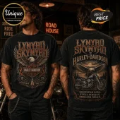 Acid-wash black t-shirt featuring Lynyrd Skynyrd and Harley-Davidson graphics with eagle, motorcycle, and road imagery.!