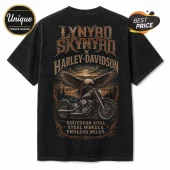 Black vintage-wash t-shirt featuring a Lynyrd Skynyrd and Harley-Davidson graphic with an eagle, motorcycle, and sunset.!