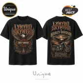 Black vintage-wash t-shirt with Lynyrd Skynyrd and Harley-Davidson eagle, motorcycle, and fire graphics on front and back.!