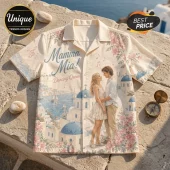 Cream-colored button-down shirt featuring Mamma Mia text, a romantic couple, Greek islands, and pink flowers.!