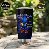 Metal Sonic stainless steel travel tumbler featuring blue robot character graphic and Japanese text on black background.!