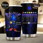 Metal Sonic stainless steel tumbler with blue fire print, Chaos Emeralds, and quote Even the ultimate lifeform.!