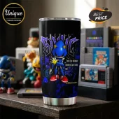 Metal Sonic stainless steel travel tumbler featuring blue robot character graphic, purple text, and Japanese characters.!