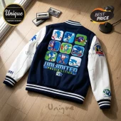 Navy blue and white varsity jacket featuring Sonic the Hedgehog patches and Unlimited Possibilities text on the back.!