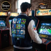 Man wearing a navy and white varsity jacket featuring Sonic the Hedgehog graphics and the text Unlimited Possibilities.!
