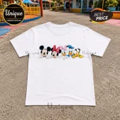 Mickey Mouse and Friends white cotton T-shirt featuring a cartoon graphic of Mickey, Minnie, Daisy, Donald, and Pluto.