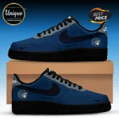 Minnesota Lynx basketball themed custom sneakers in navy and grey with black soles, resting on a cardboard shoe box.!