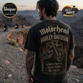 Man wearing black acid-wash t-shirt with Motörhead and Harley-Davidson motorcycle graphic and text on back.!