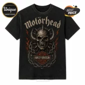 Black vintage-wash t-shirt with Motörhead text, a spiked skull with horns, metal chains, and a Harley-Davidson logo print.!
