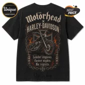 Black vintage-wash t-shirt with Motorhead and Harley-Davidson motorcycle graphic, flames, chains, and iron cross design.!