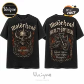 Black vintage-wash t-shirt with Motörhead and Harley-Davidson graphics, featuring a skull, motorcycle, and flame print.!