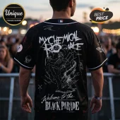 Black My Chemical Romance baseball jersey featuring a white graphic of a marching skeleton and band typography on back.!