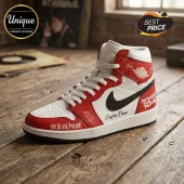 High-top sneaker in white, red, and black featuring My Chemical Romance and The Black Parade branding on a wood floor.!