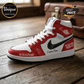 Custom high-top sneakers with white and red leather panels, black swoosh, and The Black Parade band text on a wood surface.!