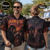 Naruto short-sleeve button-up shirt featuring Itachi and Sasuke Uchiha with red clouds and Japanese text on dark fabric.!